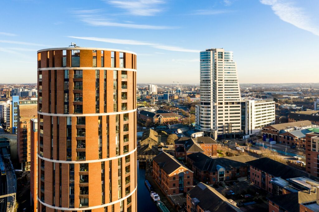 Aerial view of Leeds city cityscape skyline with candle house and Bridgewater Place skyscrapers