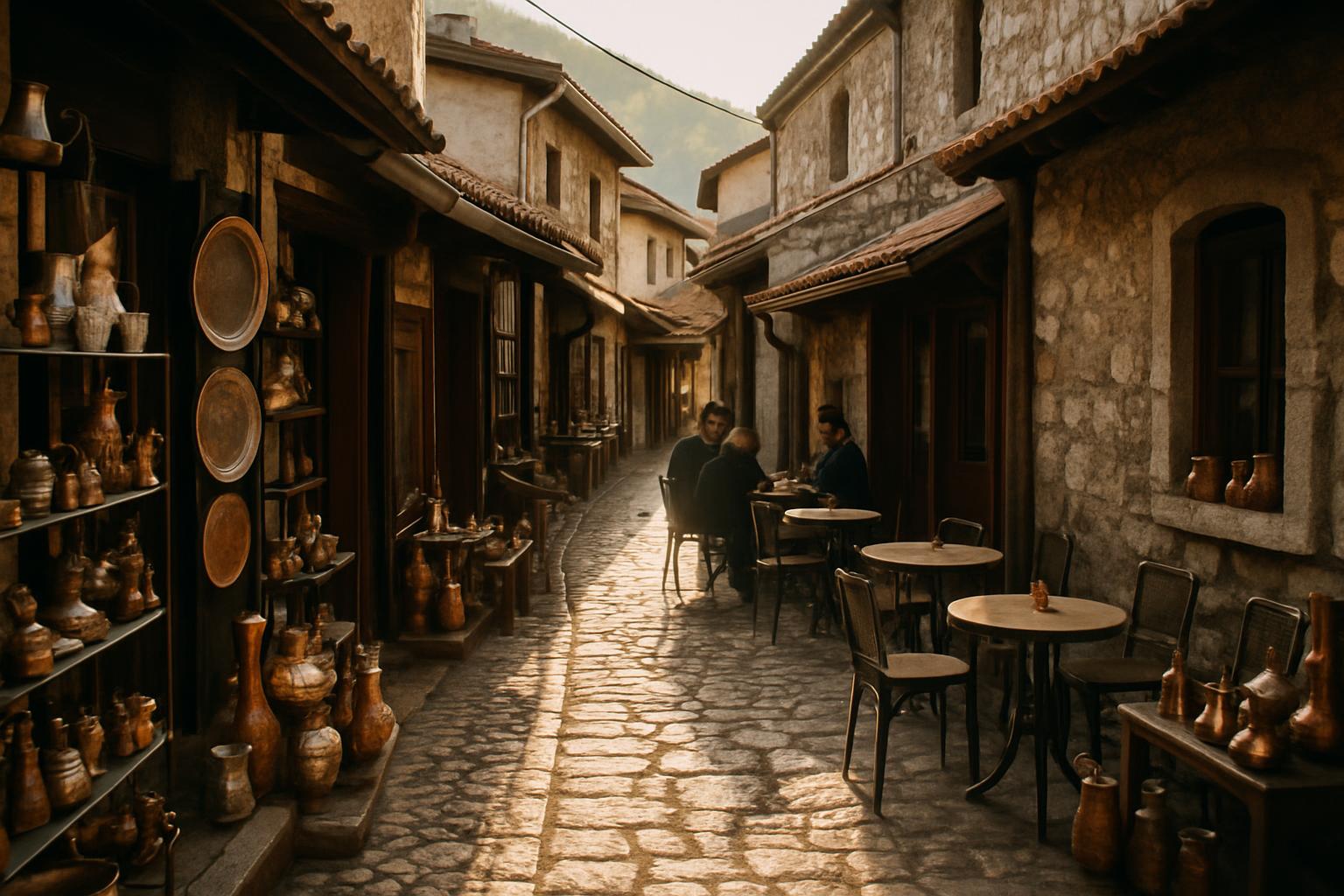 Historická štvrť Baščaršija v Sarajeve s uličkami a kaviarňami