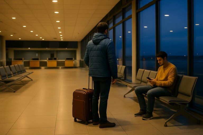Cestujúci s kufrom v odletovej hale letiska pred svitaním, v oknách tmavomodrá obloha