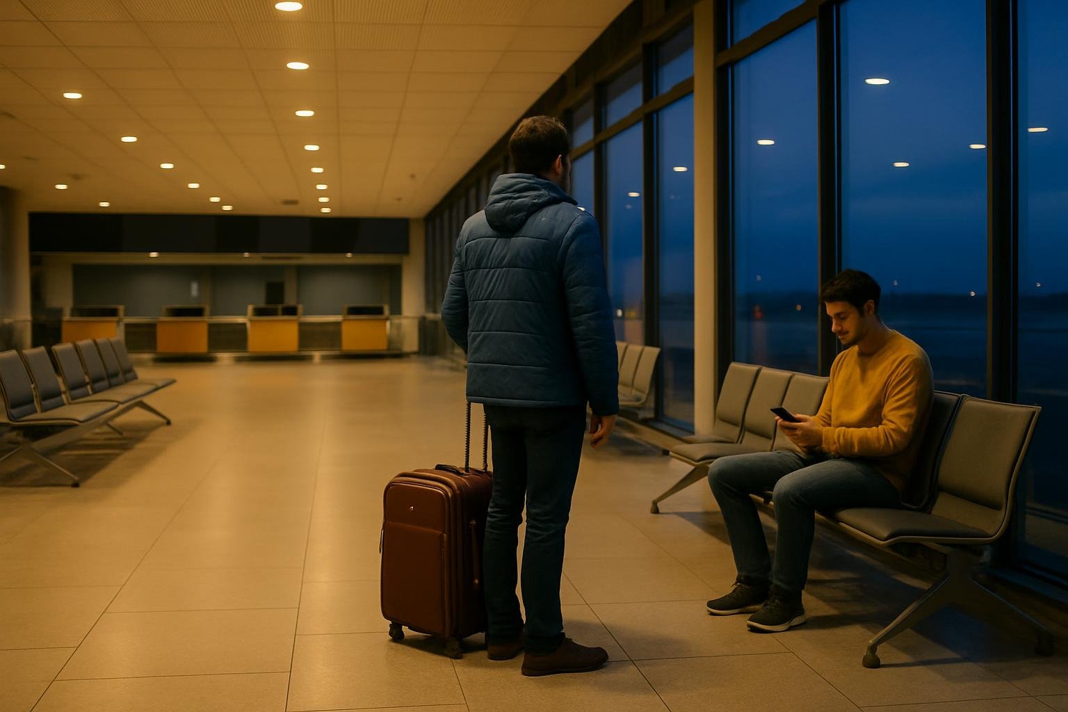 Cestujúci s kufrom v odletovej hale letiska pred svitaním, v oknách tmavomodrá obloha