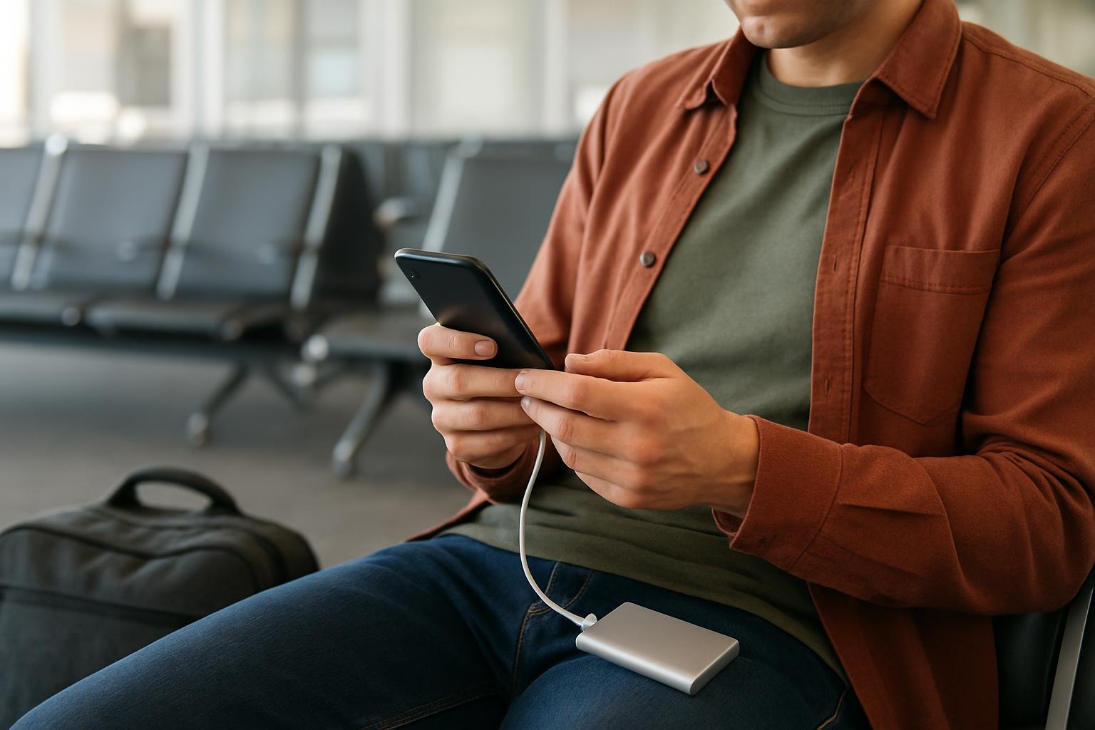 Sediaci muž drží mobilný telefón pripojený káblom k striebornej prenosnej batérii na kolenách, v pozadí rad sedadiel odletovej haly